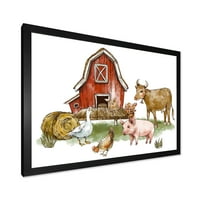 DesignArt 'Фарма куќа со гуска крава свиња пилешко и сено' рустикално врамен уметнички принт
