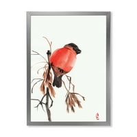 DesignArt 'Red Bullfinch Bird што седи на гранка' Традиционално врамено уметничко печатење