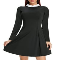 Chamaен женски долг ракав мини фустан со црна контрастна јака од распрскувачки фустани за жени